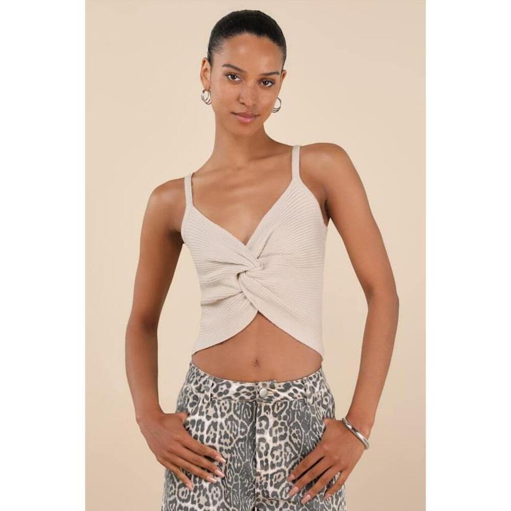 Lulus Melika Beige Ribbed Knotted Crop Tank Top - Size XL
